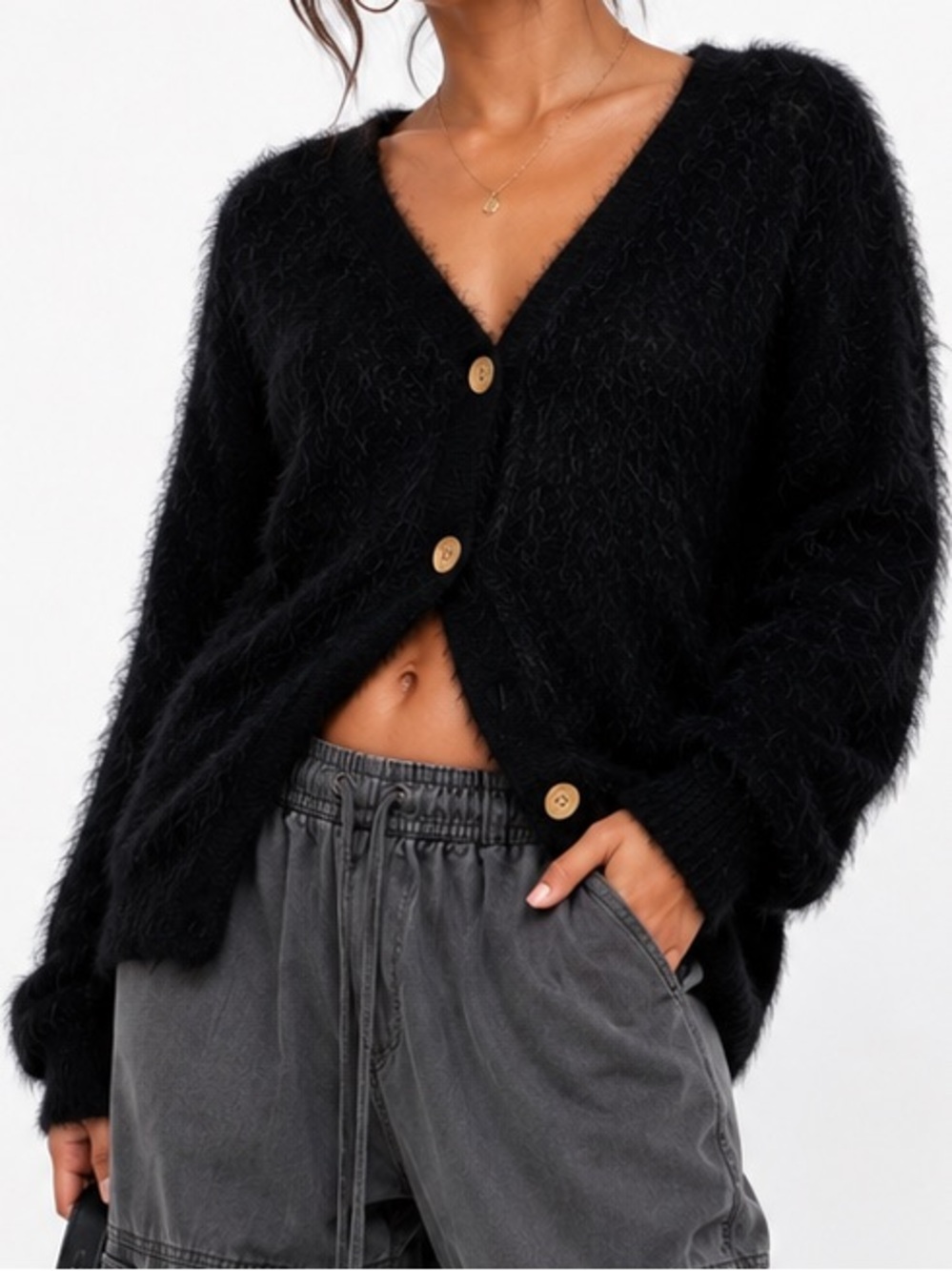 Black Fuzzy V-Neck Button Cardigan Sweater